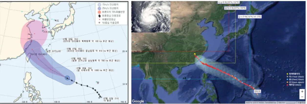 표	2.	네파탁	기상청	태풍	정보(기상청	태풍정보	제1-10호,	‘16.	7.	5) 일시 중심위치 중심기압 (hPa) 최대풍속 강풍반경(km)[예외반경] 강도 크기 진행방향 이동속도 (km/h) 70%확률반경위도경도초속 (km)(m/s)시속(km/h) 5일15시현재 16.2N 135.1E 965 37 133 330[남남서 약280] 강 중형 서북서 32  -6일15시예상 19.5N 129.5E 950 43 155 370[남남서 약320] 강 중형 서북서 