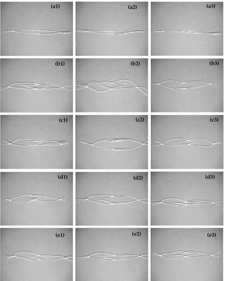 Fig. 8. The shapes of the mesh at different maximum heating treatment temperature. a1-a3 : nylon (113 。 C), b1-b3 : PBSAT (70 。 C), c1-c3 : PBSAT (73 。 C), d1-d3 : PBSAT (74 。 C), e1-e3 : PBSAT (75 。 C).