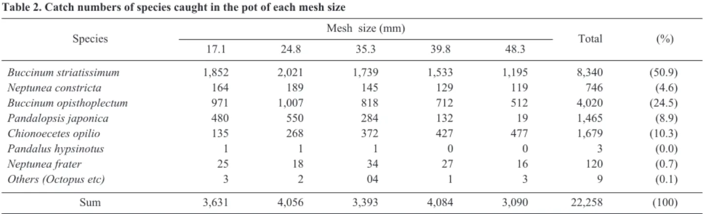 Table 2. Catch numbers of species caught in the pot of each mesh size
