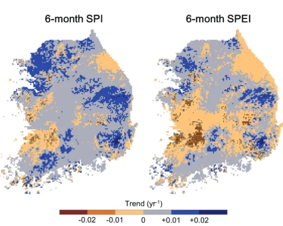 그림 1.    Trends  of  6-month  SPI  and  SPEI  during  1974-2015  in  South  Korea.  Black  dots  indicate  pixels  with  statistically significant negative trends at 95% confidence level