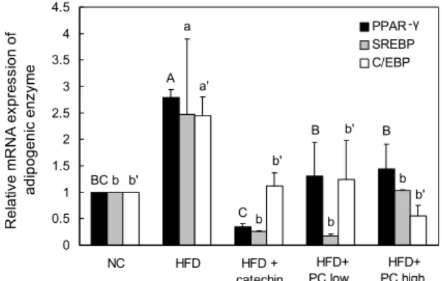 Fig. 1. Effect of pine cone (Pinus koraiensis) supercritical ex- ex-tracts on expression of adipogenic transcription factors in  high-fat diet-induced obese mice