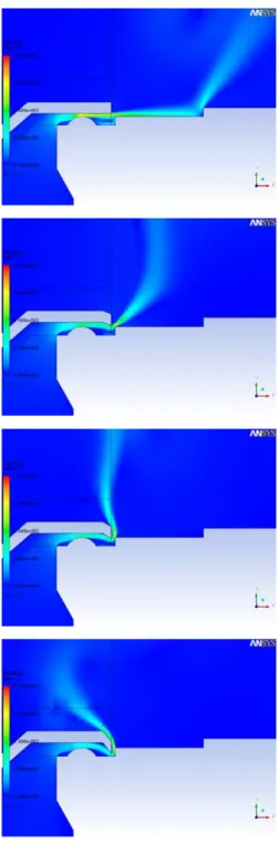 Fig. 10 Effect of the valve-disc edge angle on the  flow field: Instantaneous velocity field  around the valve disc at     