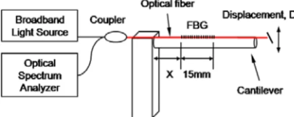 Fig. 1 Experimental set-up for obtaining the  optimized FBG position   Fig. 2는 캔틸레버의 상하변위 D에 대하여 센서 의 위치를 고정점에서 2cm  씩 이동시키면서 측정 한 중심파장의 이동정도를 분석한 결과이다