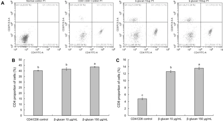 Fig. 5. Effect of high purity β-1.3/1.6-glucan on the proportion of CD4+ and CD8+ T cells in splenocyte