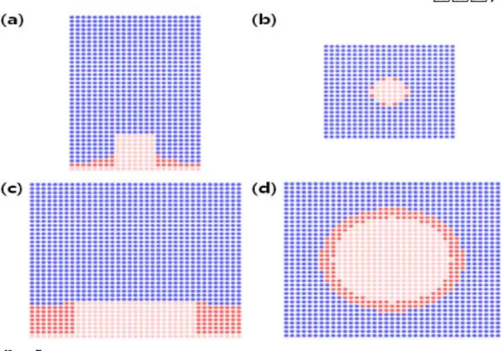 Figure 13.  돌기  너비에  따른  안정한  상태  [돌기  높이  8,  돌기사이간격  16,  원통형]  (a), (b)  너비  6일  때의  상태; (c), (d)  너비  20일  때의  상태  [파란색=액체  상태  물,  빨간색=기체,  분홍색=돌기]    Figure13은  원통형  돌기의  높이와  돌기  사이의  간 격이  같을  때,  서로  다른  돌기  너비에  대한  가장  안 전한  상태를  그림으로  나타낸  것이다