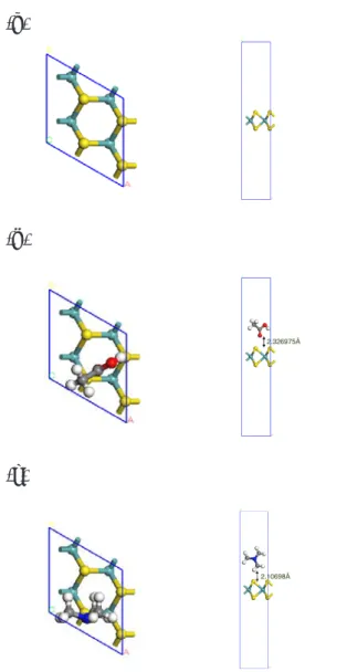 Fig. 33. Top and side views of (a) MoS 2 , (b) CA on a  2 X 2 ML-MoS 2 , (c) NMe 3  on a 2 X 2 ML-MoS 2 , (d)  PA on a 2 X 2 ML-MoS 2   ,  (e) PO on 2 X 2  ML-MoS 2