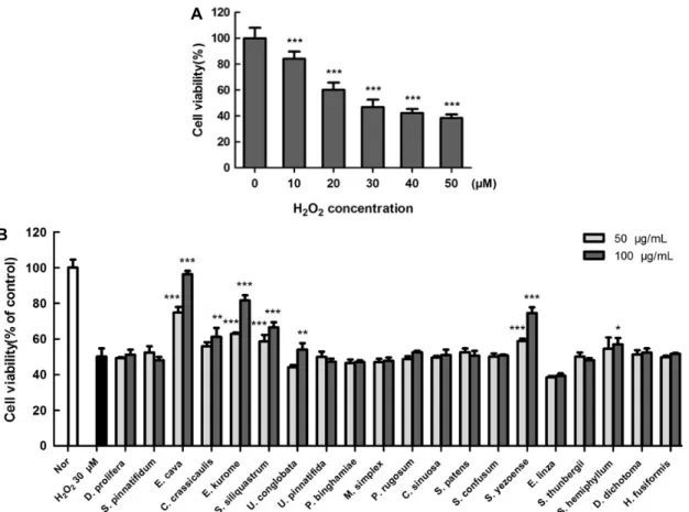 Fig. 3. Effects of various seaweed extracts on H 2 O 2  induced neuronal cell death. (A) Effects of H 2 O 2  on the viability of SH-SY5Y  cells were estimated