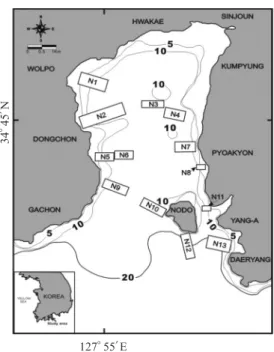 Fig. 1. Map showing spatial distribution of set net (box) and bathymetry (in meter) of Anggang bay.