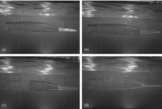 Fig. 8. Measuring system of flow resistance R to each part in the model nets: (a) All netting, (b) Removed cod-end netting, (c) Removed wing netting, (d) Frame.