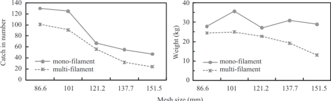 Fig. 5. Distribution of average total length and body weight of Marbled sole by mesh sizes and netting twine types