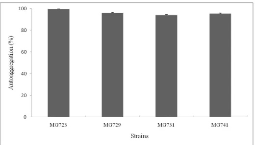 Fig.  3.  Percentages  of  autoaggregation  (%)  of  selected  strains  at  5  h.  The  results  represent  the  means±SD  of  three  independent  experiments.
