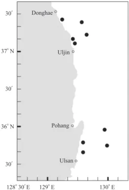 Fig.  3.  Location of operation sites for the Haeshong-ho squid jigging experiments of 2009 in the East Sea coast.
