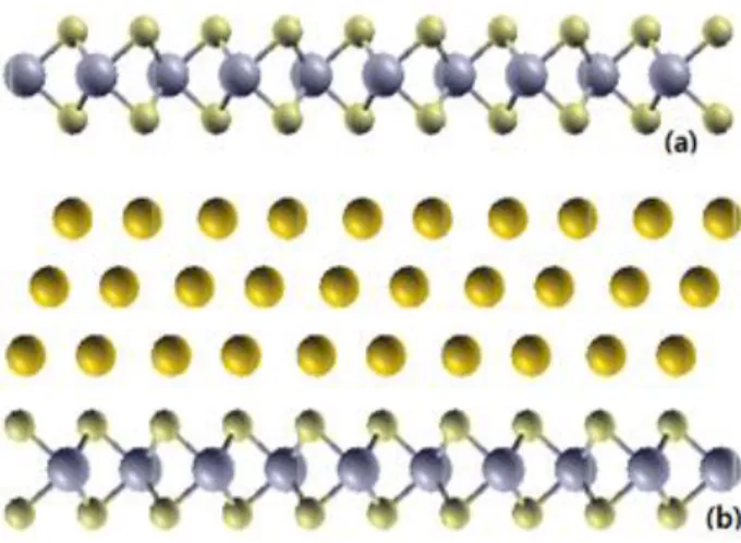 Fig. 3. Side view of the relaxed region (a) MoS 2  and side view  of the relaxed contact region at the interface between (b)  MoS 2  and Au (close-packed system) 
