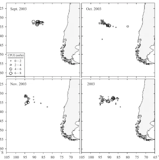 Fig.  7.  Monthly movement of center of fishing ground and bivariate ellipses determined from the distribution of catch per unit effort of jack mackerel by jack mackerel fishery in 2003.32353841444750115 110 105 100 95 0 85 80Longitude (。W)NovSeptOctLatitu