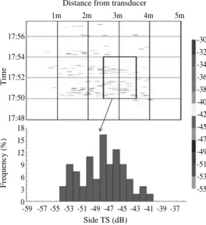 Fig. 4. Example of in situ side-aspect target strength of Japanese anchovy at 120 kHz.(a) day(b) night -30-32-34-36-38-40-42-45-47-49-51-53-5517:5617:5417:5217:5017:4818151296301m2m3m4m5m-59 -57 -55 -53 -51 -49 -47 -45 -43 -41 -39 -37Side TS (dB)TimeFreque