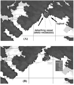 Fig. 6. AIS data and ARPA radar images for the deberthing vessel(MMSI 440080000) and its tugboat(MMSI 440110920) towing the vessel that is berthed port side alongside to the NW face of the Jaseongdae container terminal out of the pier.