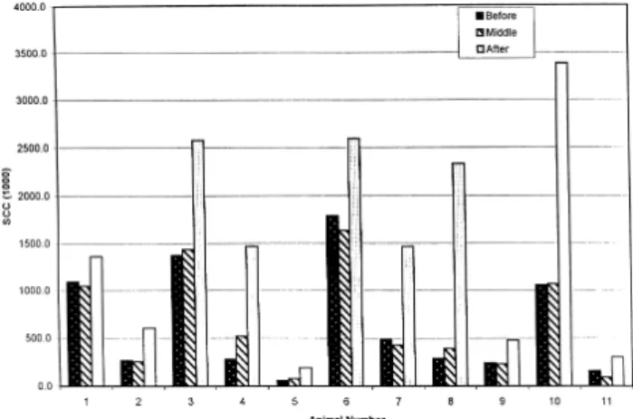 Fig.  2.   SCCs  above  1,130,000/mL  in  percentage  of  all  goats  sampled  monthly  on  DHIA  in  relationship  to  stage  of  lactation  (Haenlein  &amp;  Hinckley,  1995).