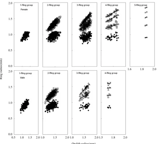 Fig. 4. Relationship between otolith radius and ring radius of the sandfish, Arctoscopus japonicus in the East Sea of Korea