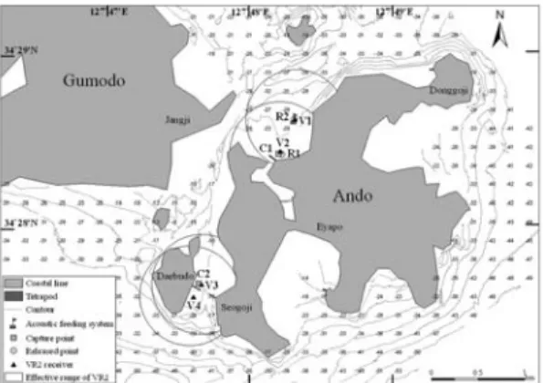Fig. 1. Location of the study site and arrangement of the experimental equipment. The number with ( ) indicates depth.