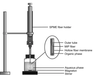 Fig. 4. Schematic representation of the liquid-liquid-solid microextraction(LLSME) device (Hu Y  et al ., J Chromatogr  A, 1216, 2009) 일정 추출시간 후에 MIP 입자는 유기계로부터 필터에 의해 분리되는데, 비 특이적 분석 결합 물질은 수용계로 세척하여 제거하고 특이적 결합 물질은 적합한 용리 용매에 의해 입자로부터 방출할 수 있다