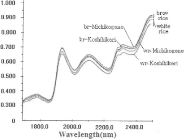 Fig. 1.  Absorbance  of  varietys  rice  (Takashi  M,  Jap  Soc  for  Food  Eng,  10,  191-197,  2009)미립형 식미장치근적외선 분광기를 사용하여 입자상으로 분석하는 장치는 해외에서 소맥, 대두의 단백질, 수분, 지질을  간단하게  측정하는  장치로서  개발되었으며, 일본에서는  쌀의  식미장치에  이용하는  연구가  수행되었다