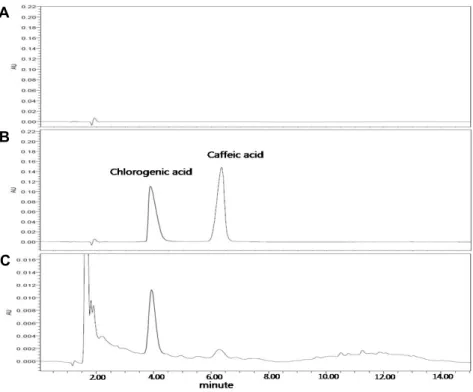 Fig. 1. Chromatogram of (A) blank, (B) caf- caf-feic acid and chlorogenic acid standard  sol-ution, and (C) PPE.