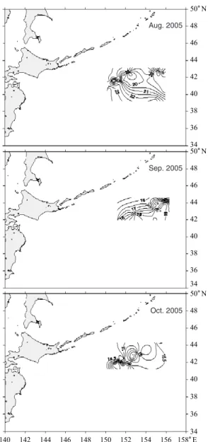 Fig. 4. Distribution of surface sea temperature in the Northwest Pacific in 2005. 50。N484644424038363450。N484644424038363450。N48464442403836140142144146148150152154156 158。E34Aug