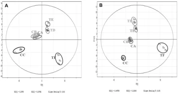 Fig. 3. Differences of sample distribution depending on the extraction methods: (A) SAFE, (B) SPME