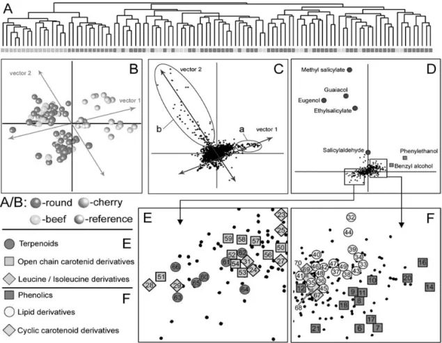 Fig. 5. Multivariate  analyses  of  94  tomato  genotypes.  A)  Hierarchical  tree  of  the  94  tomato genotypes based on intensity patterns of 20,000 individual molecular fragments