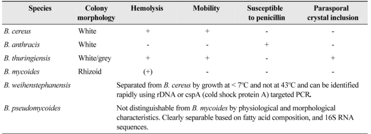 Table 1.  Characterization of  Bacillus cereus  group  Species  Colony 