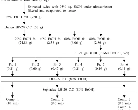 Fig. 1. Schematic procedure for iso- iso-lation and purification of  α-glucosi-dase inhibitors from Morus root bark.