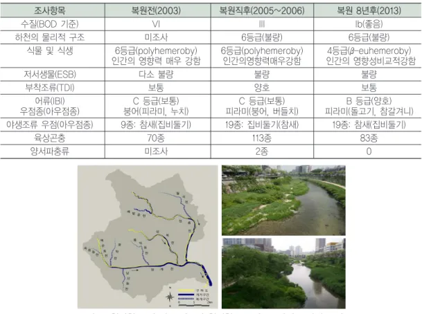 표 2. 청계천 복원 전, 직후 및 복원 8년 후의 수질 및 수생태성 평가결과(복원전, 직후: 과기부(2007) 조사항목 복원전(2003) 복원직후(2005~2006) 복원 8년후(2013)