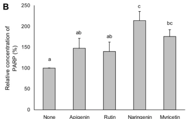 Fig. 6. Effects of the flavonoid on the protein levels of cleaved  caspase-3 (A), PARP (B), and E-cadherin (C) in HT-29 cells