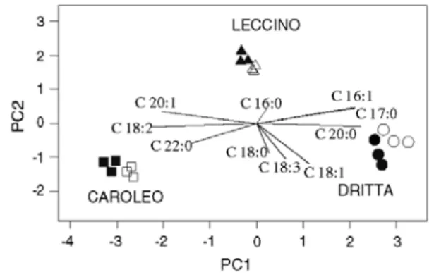 Fig.  1.  Score  and  loading  plot  (based  on  the  fatty  acid  composition  data  set)  by  dimension  1  and  2  from  PCA,  showing  groupings  (varieties)  and  subgroupings,  such  as  enzyme-treated  (solid  symbols)  and  untreated  (open  symbol