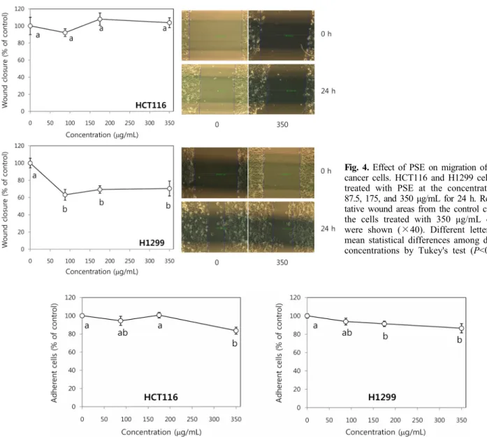 Fig. 4. Effect of PSE on migration of human  cancer cells. HCT116 and H1299 cells were  treated with PSE at the concentrations of 87.5, 175, and 350 μg/mL for 24 h