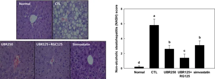 Fig. 1. NASH score and histologic findings of liver tissue by the extracts of unripe black raspberry and red ginseng treatment in  hyperlipidemic mice fed the HCD for 12 weeks