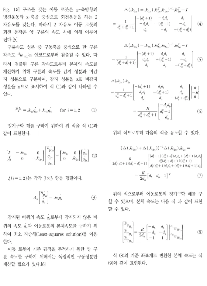 Fig.  1의  구조를  갖는  이동  로봇은   -축방향의  병진운동과  z-축을  중심으로  회전운동을  하는  2  자유도를  갖는다.  따라서  2  자유도  이동  로봇의  회전  동작은  양  구륜의  속도  차에  의해  이루어 진다.[5] 구륜속도  성분  중  구동축을  중심으로  한  구륜  각속도      는  엔코드로부터  검출될  수  있다