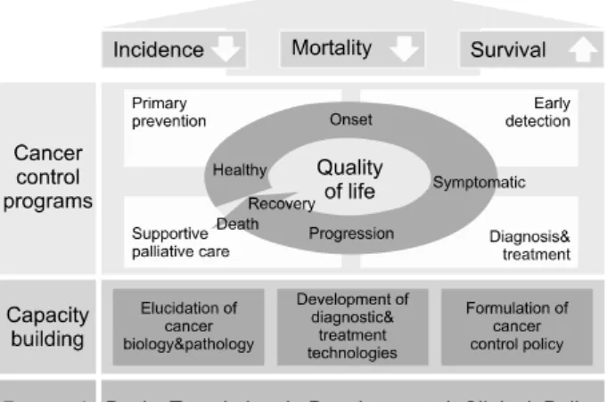 Figure  1.  Second  10-year  plan  for  cancer  patient  control.다(4). 암은  대부분  장기간  위험요인에  노출되어  발생되므로 이를 관리하기 위해서는 장기계획이 수립되어야 한다(5)
