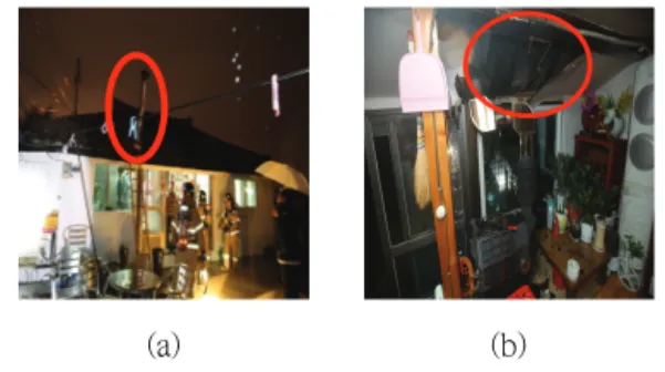 Fig.  4  (a)  Wood  stove  in  a  fire  place  (b)  Charred  exhaust  system 4.3  배기설비 실내⋅외 관통부 저온발화 에 의한 화재 2017년  12월  25일  17시  20분  **군에서  화목  연료  난방설비의  배기설비  실내⋅외  관통부에서  화재가  발생하였다