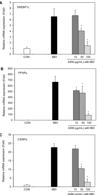 Fig. 6. Effect of Allium sacculiferum Max. (ASM) on SREBP1c, PPARγ and C/EBPα mRNA expression during adipogenesis of 3T3-L1 preadipocytes