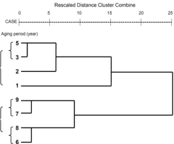 Fig. 3. Dendrogram of cluster analysis on the sensory attributes of  Doenjang  by aging periods.