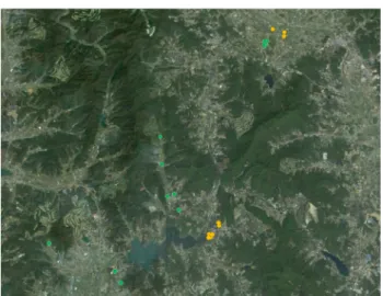 Fig. 1.  The  map  of  Google  Earth  for  the  distribution  of  soil  samples  from  organic  (green  circle)  and  conventional  (yellow  circle)  paddy  in  Yongin  and  Anseong.