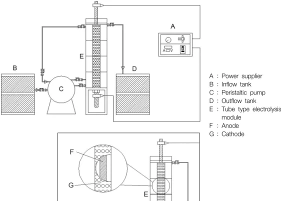 Fig. 1.  Schematic  diagram  of  lab  scale  tube  type  electrolysis  module  system  using  recirculation.
