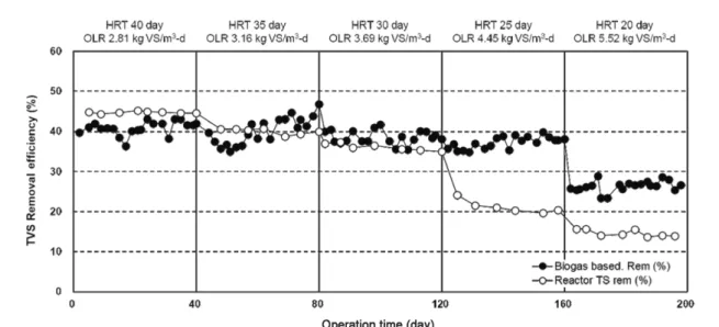 Fig. 4.  Temporal  variations  of  TVS  removal  efficiency  and  reactor  TS  removal  efficiency  during  SCFMR  operation