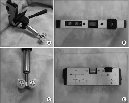 Figure 1. Laser level (HG-909A; X- X-CLOVE) and a wheel bracket. (A) Laser  level, adhered to a wheel bracket