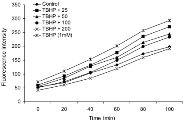 Fig. 4. Effect of hot water extract from Cornus walteri Wanger (CWE) on tert-butyl hydroperoxide (TBHP)-induced lipid  per-oxidation
