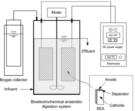 Fig. 1.  Schematic  diagram  of  bioelectrochmical  anaerobic  digester  for  the  applied  voltage  experiment.정한  교반강도에서  운전되고  있는  생물전기화학  반응조에서 오옴과전위와 분극과전위는 인위적으로 조절하기 힘든 운전인자이다