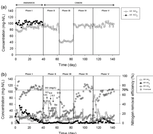 Fig. 2.  Concentrations  of  nitrogen  compounds;  (a)  in  the  influent,  (b)  in  the  effluent  and  total  nitrogen  removal  efficiency.