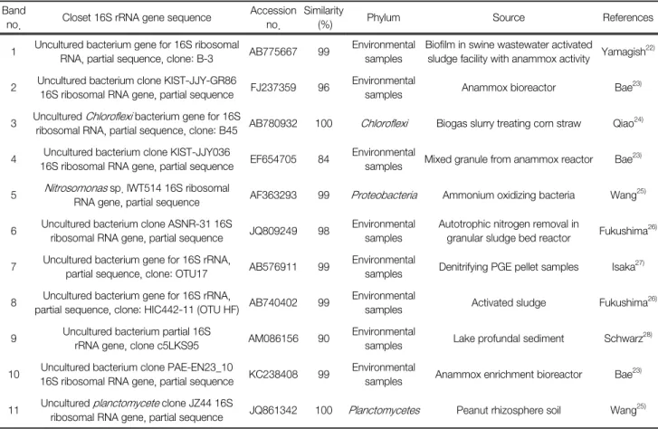 Table 3.  Microbial  community  of  16S  rRNA  gene  sequences  obtained  from  DGGE  bands  in  the  CANON  reactor Band