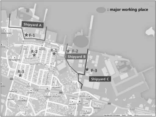 Fig. 1.  Study  area  and  sampling  sites.2. 조사 및 분석 방법2.1. 연구 대상지역 및 측정항목 본  연구의  대상지역으로 T시에 위치한 조선소 밀집지역 을  선정하였다(Fig